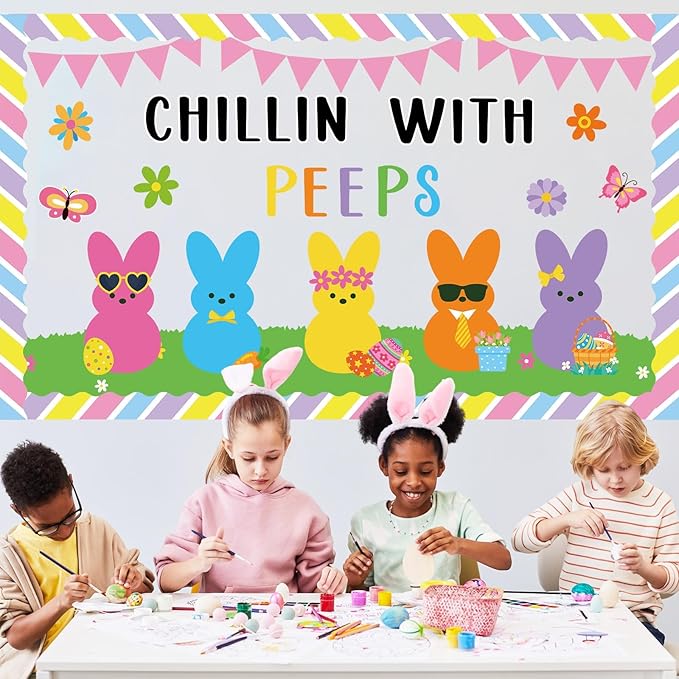 Easter Bulletin Board Decoration Set Easter Bunny Classroom Decoration Colorful Eggs Bunny Flower Paper Cutouts for Spring Party Supplies School Classroom Home Office Nursery Chalkboard Wall Decor