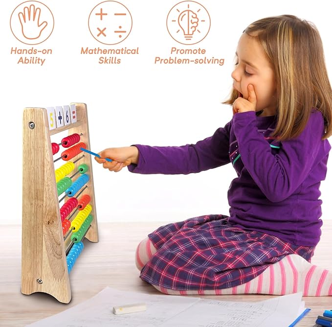 Wooden Abacus for Kids Math - 10 Row Bead Counting Frame with Counting Sticks & Number Alphabet Cards, Learn Counting, Educational Gift for Toddlers, Preschoolers - Ideal for Home, School & Daycare