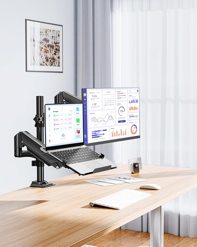 MOUNTUP Laptop and Monitor Desk Mount, Laptop Tray for Max 17" Notebook, Monitors Arm Fits up to 32" Monitor, Laptops Arm Holds 4.4-22lbs, 2-in-1 Tall Laptops Mount with Clamp/Grommet