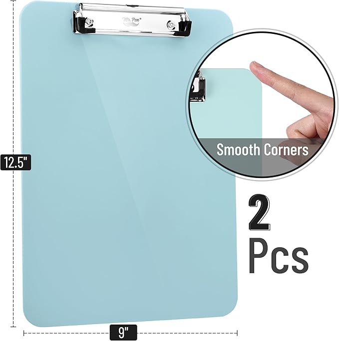 Mr. Pen- Plastic Clipboard, 12.5" x 9", 2 Pack, Clipboard Plastic, Low-Profile Metal Clip with Retractable Hanging Hole