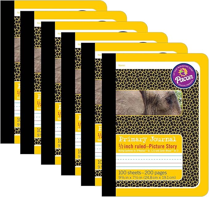 Pacon® Primary Composition Book, Book Bound, D'Nealian/Zaner-Bloser, 1/2" x 1/4" x 1/4" Picture Story Ruled, 9-3/4" x 7-1/2", 100 Sheets, Pack of 6