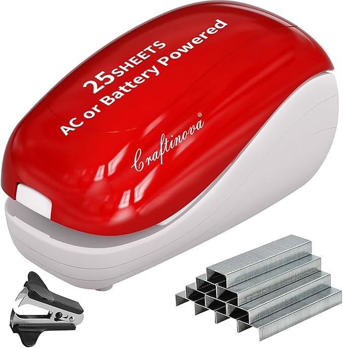 Electric Stapler-Red,Including 2000 Staples and 1 Staple Remover, Suitable for Palm Size and high Comfort，25 Sheet Capacity, AC Adapter or Battery Powered，Battery not Included