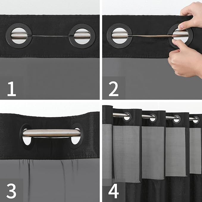 Long No Hooks Needed Linen Textured Shower Curtain with Snap-in Fabric Liner Set,Black Hotel Luxury Decor Shower Curtains for Bathroom,Waterproof & Washable,71Wx80H