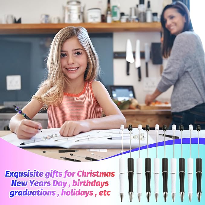 300 Pieces DIY Beadable Pen Kit – 100 Plastic Ballpoint Pens with Refills & Bags – School Supplies, Office Accessories & Decorative Items for Students & Teachers (Black and White)