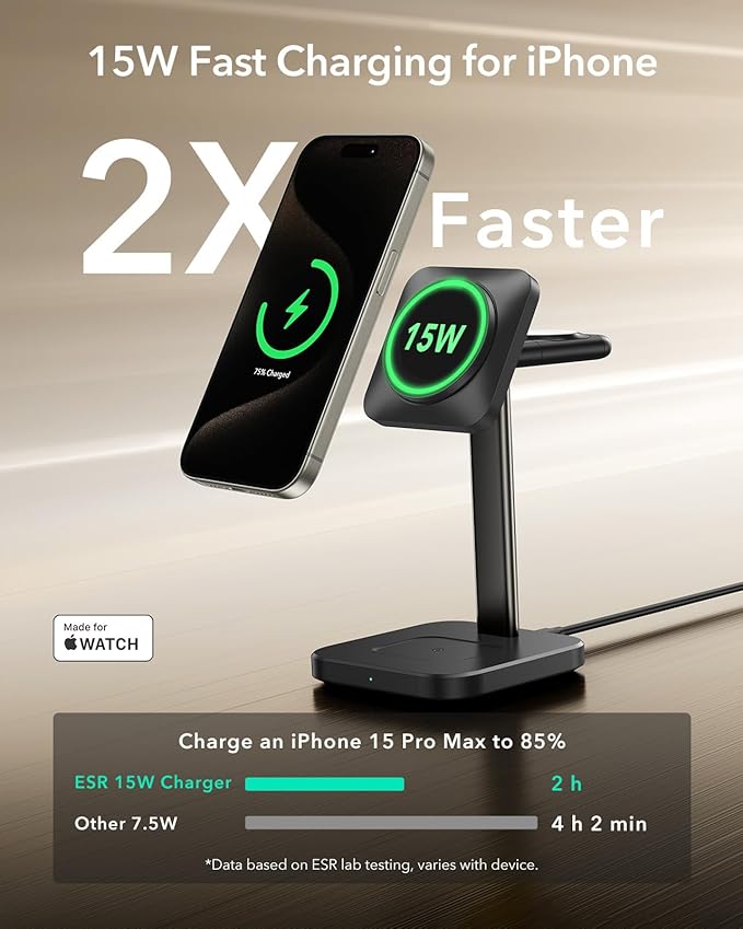 ESR for 3 in 1 Wireless Charging Station, Certified Apple Watch Charger, 15W MagSafe Charger Stand for iPhone, Wireless Charger for Multiple Devices iPhone 17/16/15/14/13, Watch, AirPods, Black