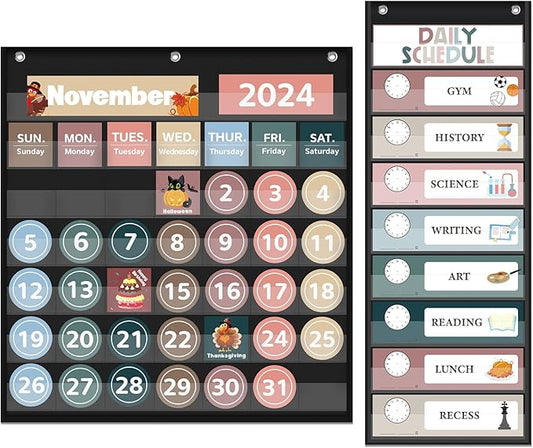 Monthly Calendar Pocket Chart for Classroom, Printed Days of The Week with Cards, Learning for Home or Kindergarten, Teacher Must Have Supplies That Fits Any School Décor (Black Calendar+Daily Schedule)