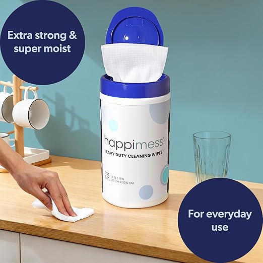 happimess WPE1001A Heavy Duty Cleaning Wipes, Multi-Purpose Multi-Surface Household Wipes, Extra Strong Cleaner for Kitchen, Bathroom, and Pet Messes, Unscented, 75 Count