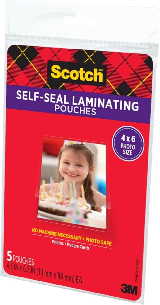 Scotch Self-Sealing Laminating Pouches, Gloss Finish, Photo Size 4 x 6 Inches, 5/Pack