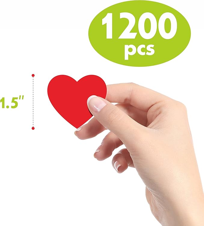 1200 PCS Red Heart Shaped Sticker Labels with Perforation Line in Roll, Use for Valentine's Day, Award Charts,Offices, Teachers & Classrooms, Bookmarks (1.5" in Diameter)