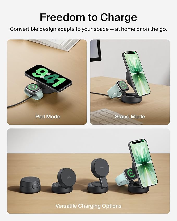 Belkin MagSafe Charger Compatible, 2-in-1 Wireless Charging Station, Qi2.2 25W Convertible Magnetic Charger for iPhone 17, Apple Watch Series 10, Google Pixel 10, and More (45W Adapter Included)