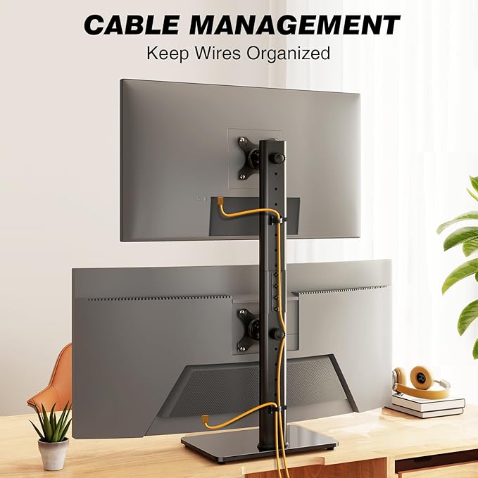 Dual Monitor Stand VESA Mount for 13-38 Inch Screens, Free-Standing Monitor Riser with Swivel, Tilt, Rotation & Height Adjustable, Desk Stand Holds up to 44lbs, Compatible with VESA 75x75-100x100mm