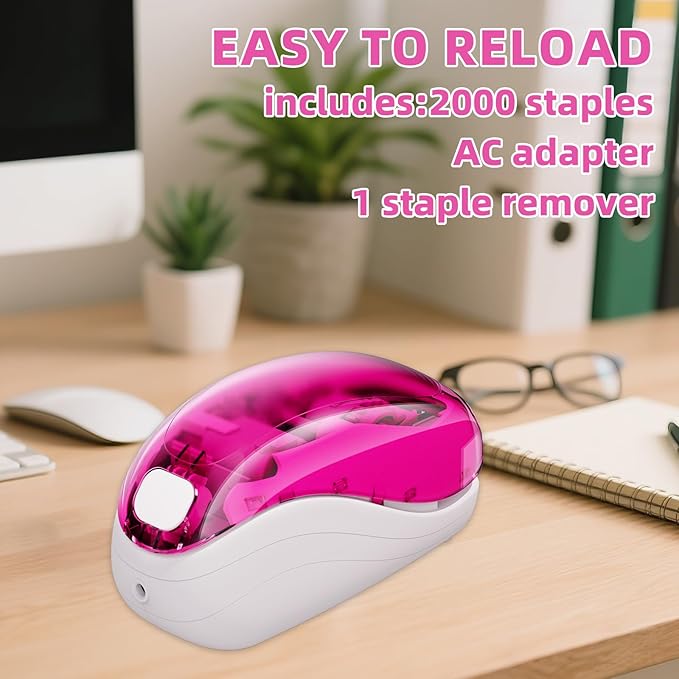 Electric Stapler-Pink,Including 2000 Staples and 1 Staple Remover, Suitable for Palm Size and high Comfort，25 Sheet Capacity, AC Adapter or Battery Powered，Battery not Included