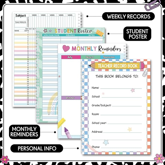 Fuyoooo Teacher Record Book Teacher Grade Book 2026-2027 Spiral Bound Composition Record Class Planner 2026 Gradebook Office Favors for Classroom Attendance Decoration Double Sided Color Printing