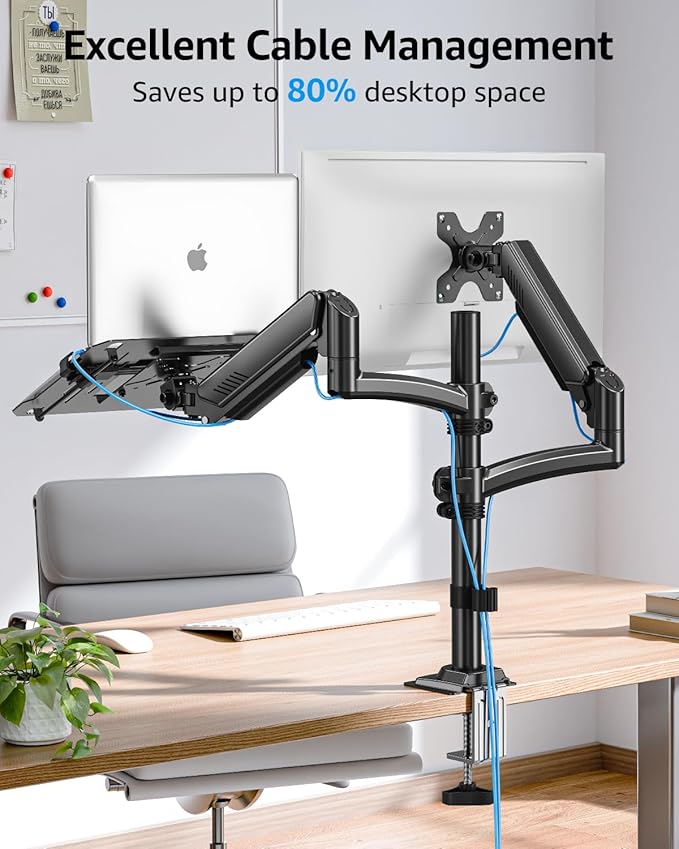 MOUNTUP Laptop and Monitor Desk Mount, Laptop Tray for Max 17" Notebook, Monitors Arm Fits up to 32" Monitor, Laptops Arm Holds 4.4-22lbs, 2-in-1 Tall Laptops Mount with Clamp/Grommet