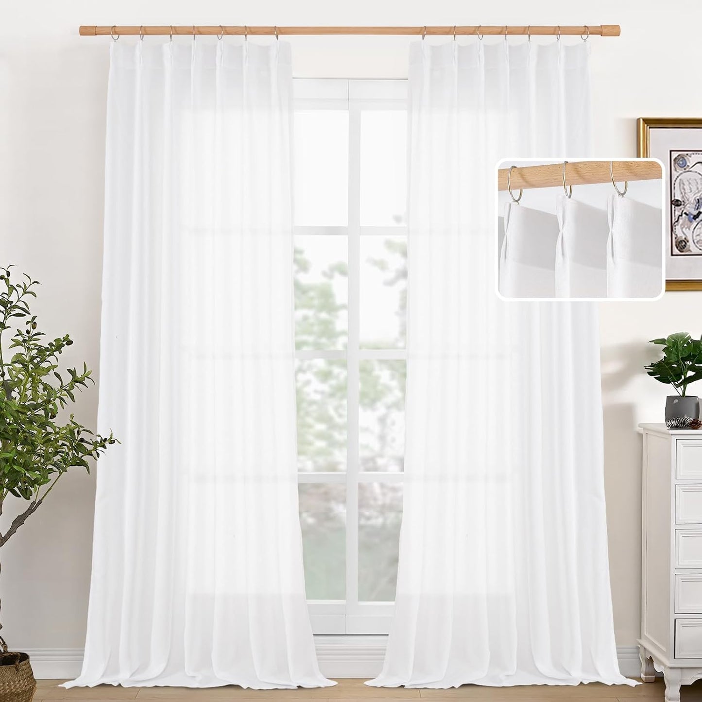 YoungsTex White Linen Semi Sheer Curtains for Living Room 84 Inch Length 2 Panels - Light Filtering Drapes with Pinch Pleated for Bedroom Dining Office Back Tab Window Treatments, 40 X 84 Inch