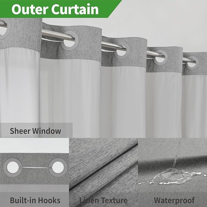 No Hooks Needed Linen Textured Shower Curtain with Snap-in Fabric Liner Set,Hotel Luxury Decor Shower Curtains for Bathroom with See Through Top Window,Waterproof & Washable,71Wx74H,Gray