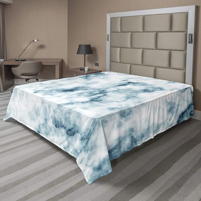 Ambesonne Nature Flat Sheet, Fluffy Cloud Skyline Like Marble Motif Grunge and Retro Features Art Print, Soft Comfortable Top Sheet Decorative Bedding 1 Piece, Queen Size, Cadet Blue Seafoam