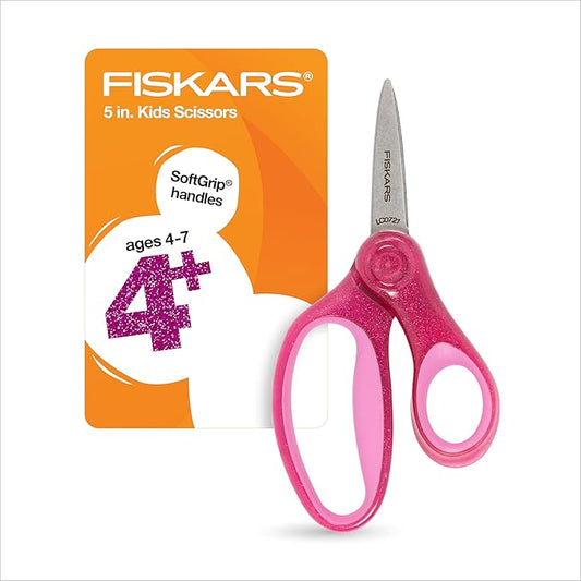 Fiskars 5" SoftGrip Pointed-Tip Glitter Scissors for Kids Ages 4-7, Scissors for School or Crafting, Back to School Supplies, Pink
