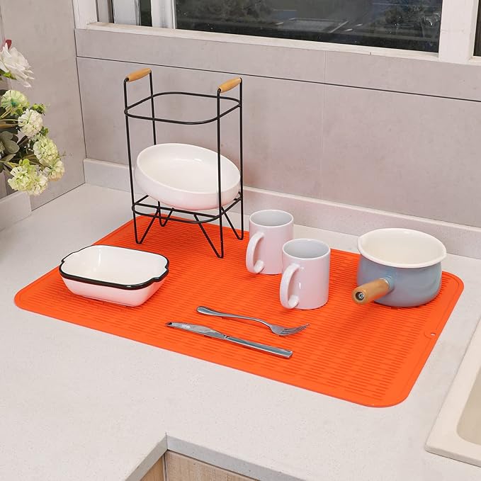 Silicone Dish Drying Mat for Multiple Usage,Easy clean,Eco-friendly,Heat-resistant Silicone Mat for Kitchen Counter or Sink,Refrigerator or Drawer Liner Orange 3XL 28 inches x 18 inches
