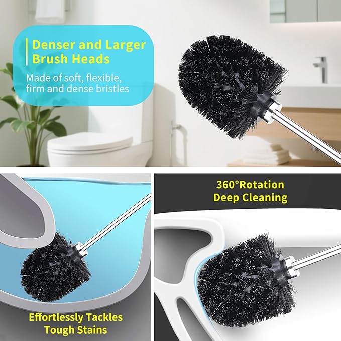 Toilet Bowl Brush and Holder Solid Long Handle Toilet Brush for Bathroom with Heavy Duty 304 Stainless Steel Base and 2 Brush Heads for Domestic Deep Cleaning Under Rims (Silver 1)