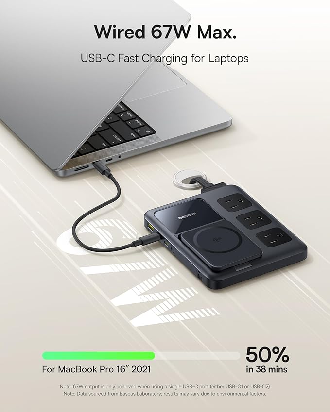 Baseus Nomos 8-in-1 Charging Station 67W, Qi2 Certified 15W Magnetic Wireless Charger with 3AC & 4USB, Foldable Detachable Slim Power Strip for Magsafe, iPhone 16/15 Pro Max, MacBook Pro