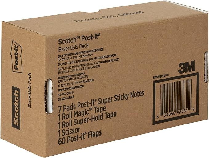 Post-it and Scotch Brand Essentials Pack, Back to School and Office Supplies, Includes Super Sticky Notes, Flags, Magic & Super Hold Tape & Multi-Purpose Scissors (Pack of 4)