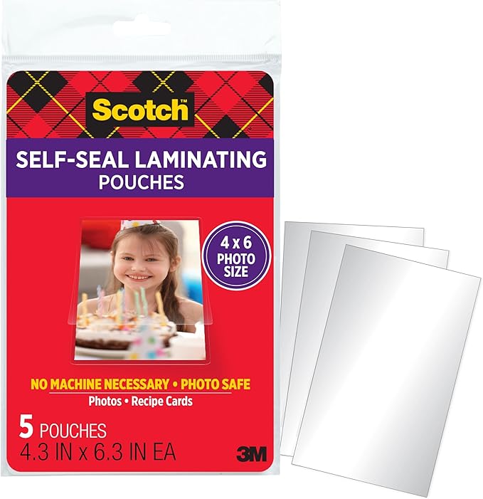 Scotch Self-Sealing Laminating Pouches, 4 x 6 Inches, 30 Pouches (6 Packs of 5) – Gloss Finish, Photo Safe, No Machine Needed (Cold Laminating Sheets)