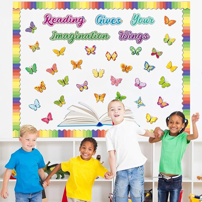 Reading Bulletin Board Decorations Set Classroom Spring Butterfly Bulletin Board Borders Cutouts Decor Reading Gives Your Imagination Wings School Bulletins Boards Craft Home Wall(Read)