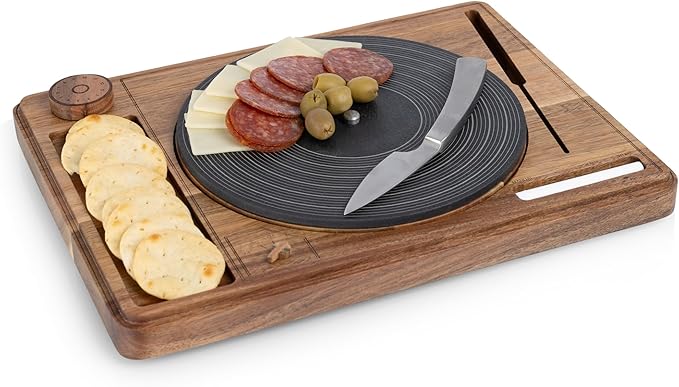 PICNIC TIME Turntable Cheese Board with Knife, Retro Vinyl Record Charcuterie Board, Spinning Lazy Susan Serving Slate Tray with Chalk for Labeling, (Acacia Wood)