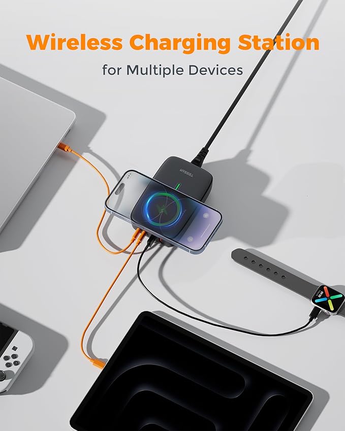Wireless Charging Station for Multiple Device PD 65W USB C, TESSAN 6 in 1 Magnetic Wireless Charger Station, 5 Ft USB Charging Block Compatible with iPhone, Android Phone, Tablet, Laptop, Home Office