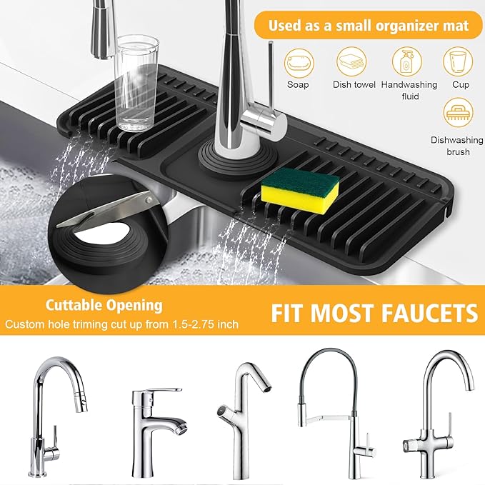 14.6-Inch Kitchen Sink Splash Guard Mat | 7° Slope for Fast Self-Draining | Snap-Lock Design | Universal & Cuttable Silicone Faucet Mat BLACK