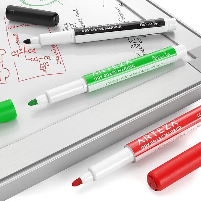 ARTEZA Dry Erase Markers Fine Tip, Bulk Pack of 36 Low-Odor Whiteboard Pens, 12 Assorted Colors for Office, Meeting Rooms & Daily Planning