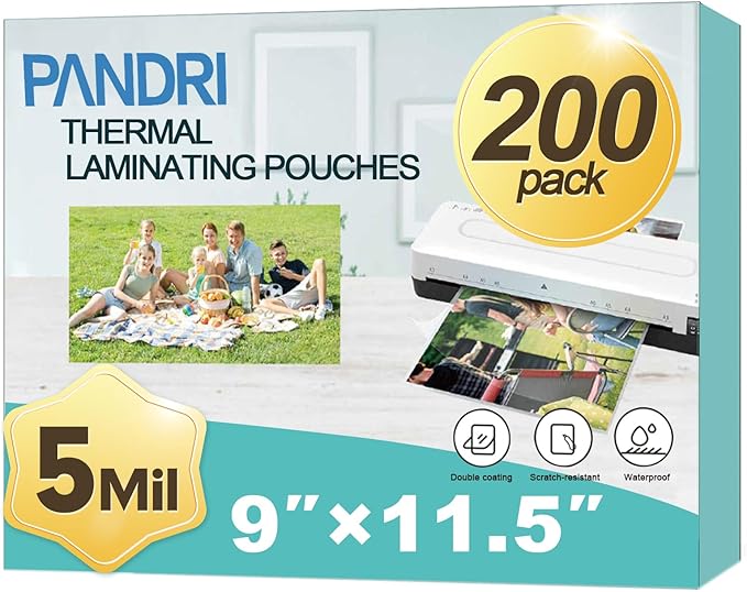 Laminating Sheets, PANDRI 200 Pack Thermal Laminator Pouches Holds 8.5 x 11 Inch, 5 Mil Clear Laminator Paper 9 x 11.5 Inch, Letter Size