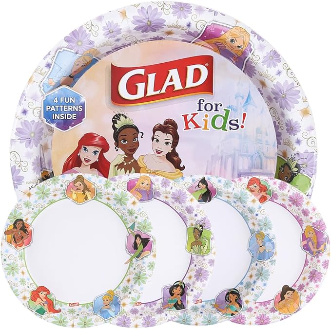 Glad Disney Princess Kids Paper Plates, Heavy Duty Soak Proof and Microwavable, Cut Resistant Disposable Snack Plates for Everyday Meals, School Lunches and Birthday Parties, 8.5 Inch, 40 Count