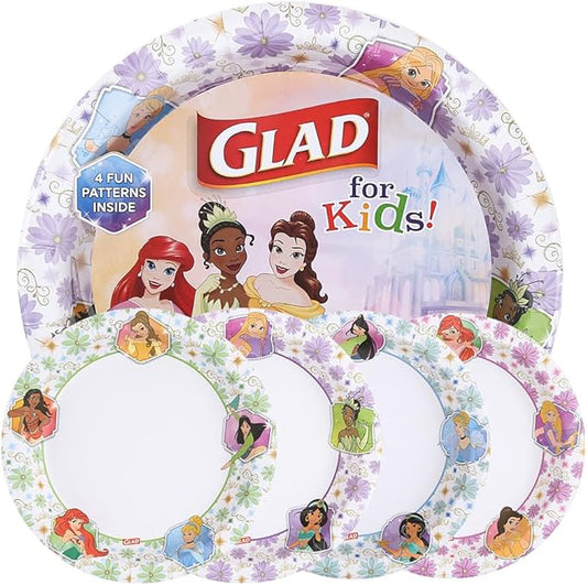 Glad Disney Princess Kids Paper Plates, Heavy Duty Soak Proof and Microwavable, Cut Resistant Disposable Snack Plates for Everyday Meals, School Lunches and Birthday Parties, 8.5 Inch, 40 Count