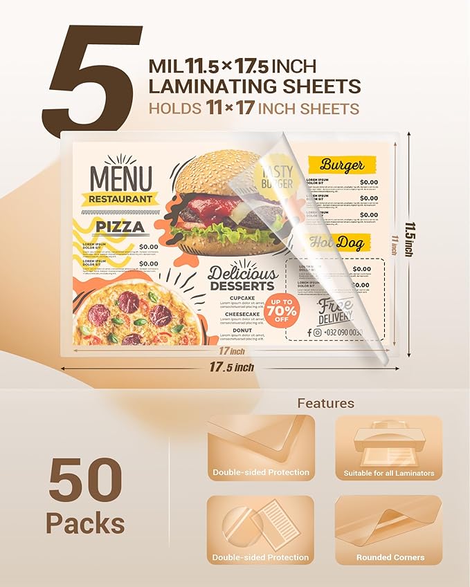 Uinkit Hot Thermal Laminating Pouches 5mil Thick for Extra Protection 11.5x17.5 inches Laminating Sheets for Sealed 11x17inches Document and Photo 50 Pack A3 Menu Taloid Size