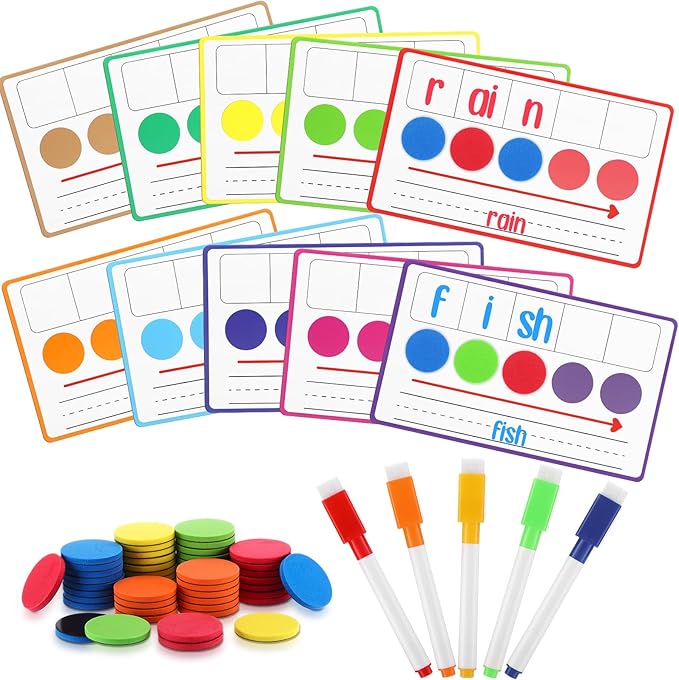Nezyo 10 Pcs Phonemic Awareness Games Dry Erase Board Phonics Games with Magnetic Button and Pen Educational Gift for Kindergarten Classroom Kids Letter Sound Science Reading(10 Colors)