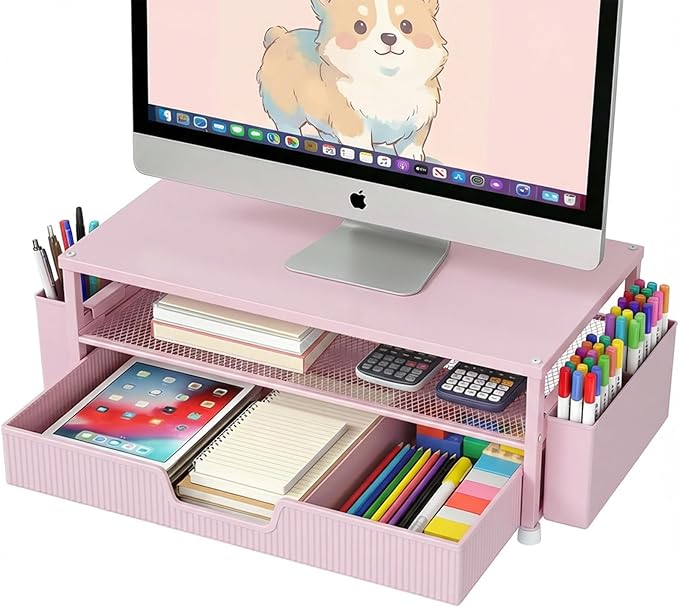 Desk Organizer and Accessories, 2-Tier Computer Monitor Stand Rise with Storage Drawer & 2 Pen Holders, Laptop & Printer Stand for Desktop, Workspace Organizers for Office Supplies (Pink)