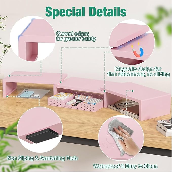 OPNICE Desk Organizers and Accessories, Dual Computer Monitor Stand Riser with Drawer, Office Decor for Women, Office Desk Accessories & Workspace Organizers, Pink