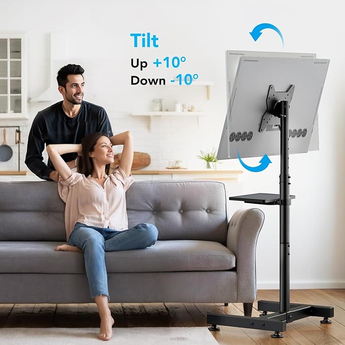 Floor TV Stand with Mount for 13-50 inch Screens, Tilting and Height Adjustable Floor Monitor Stand Mount, Portrait to Landscape, Portable TV Stand with Shelf Holds up to 77lbs Max VESA 200x200mm