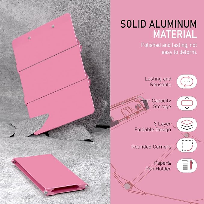 Nursing Clipboard Foldable Without Edition Cheat Charts, 3 Layers Aluminum, Nurse Board w/Low Profile Clip&Pen Clip Pocket, Pink