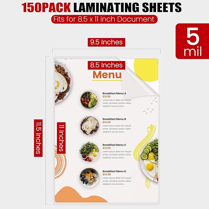 CAREGY Thermal Laminating Pouches,150 Pack Laminating Sheets, 5 Mil, 9 x 11.5 Inches Lamination Sheet Paper for Laminator, Round Corner Letter Size, Office and School Supplies
