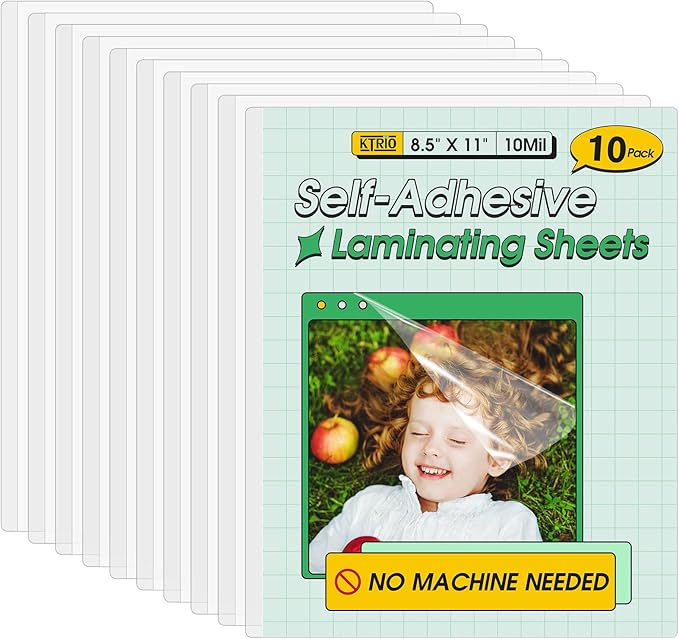 KTRIO 10 Pack Self Sealing Laminating Sheets 8.5 x 11, 10 Mil Thick Self Adhesive Laminating Pouches, Clear Lamination Sheets, 9 x 11.5 Laminate Sheets, No Laminator Machine Needed, No Heat, Office