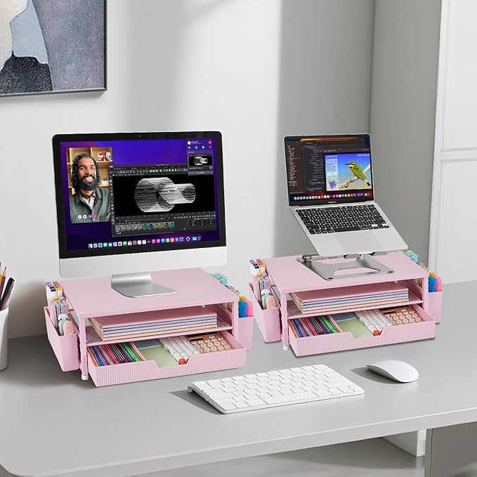 Desk Organizer and Accessories, 2-Tier Computer Monitor Stand Rise with Storage Drawer & 2 Pen Holders, Laptop & Printer Stand for Desktop, Workspace Organizers for Office Supplies (Pink)