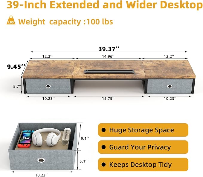 Mexin Dual Monitor Stand Riser with 2 Drawers - 39Inch Large Storage Computer Monitor Stands for 2 Monitors, Wooden Desktop Organizer Perfect for Home Office Desk, Computer, Laptop, TV, Rustic Brown