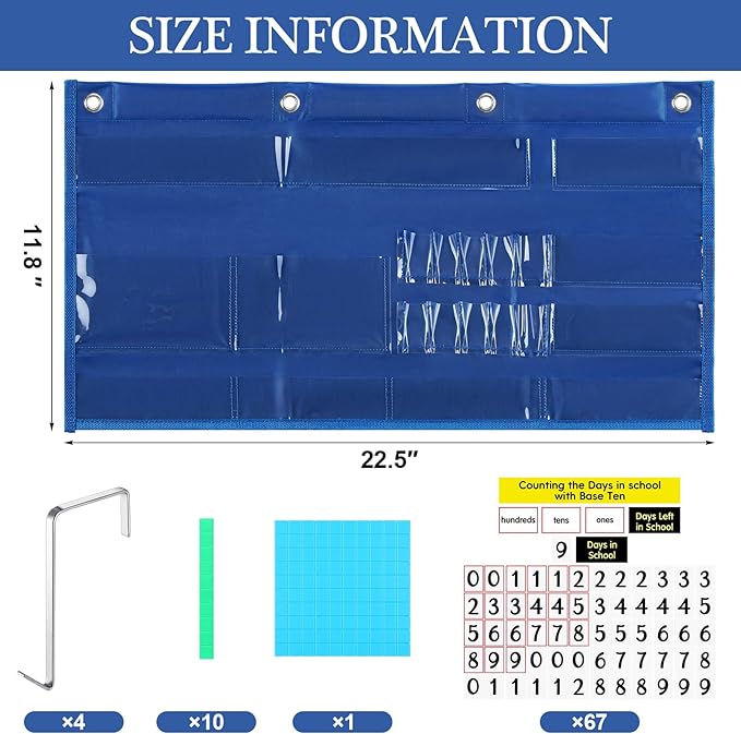 Back to School Counting The Days with Base Ten Pocket Chart Place Value, Counting Caddie Pocket Chart for Classroom Bulletin Board School or Home Decor, 4 Hooks(Blue,Classic Style)