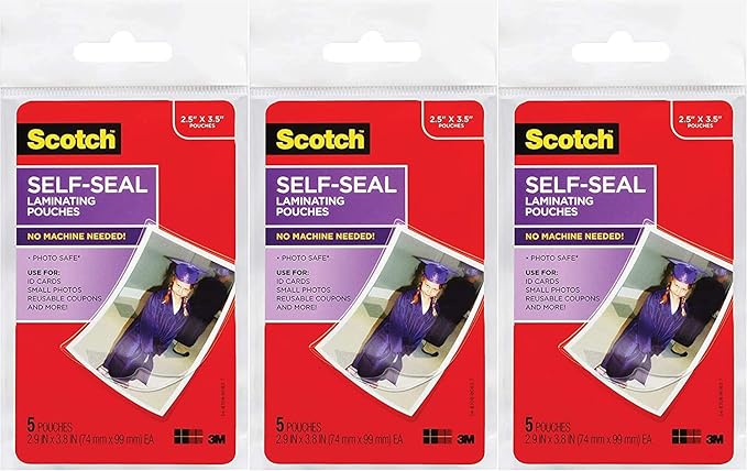 Scotch Self-Sealing Laminating Pouches, Wallet Size 2.5" x 3.5", Glossy, 5 Pouches/Pack (Pack of 3, 15 Pouches Total)