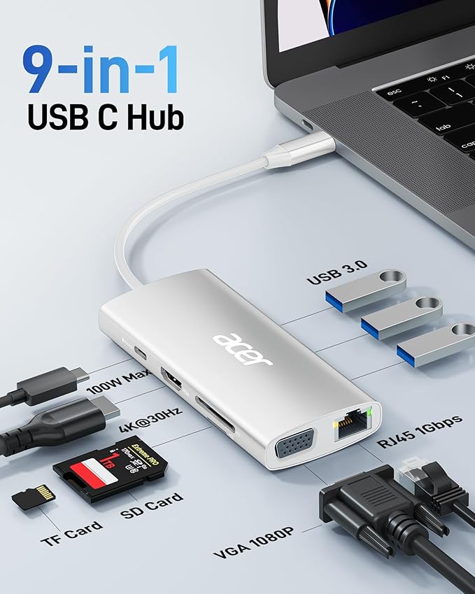 Acer USB C Hub with 4K HDMI, 9-in-1 USB C to Ethernet Adapter, 5Gbps USBA 3.0 Docking Station, VGA Splitter, SD Card Reader, PD 100W Charging for MacBook, Acer, Laptops, Surface and More (Silver)