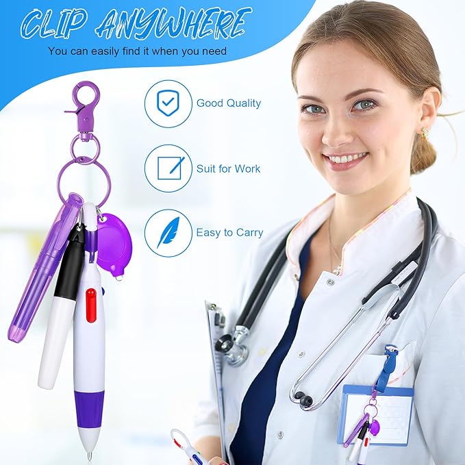 Chinco 30 Pcs Retractable Shuttle Pen Clip with Mini Highlighter Nurse Badge Pen Neon Marker LED Keychain Ring Clip