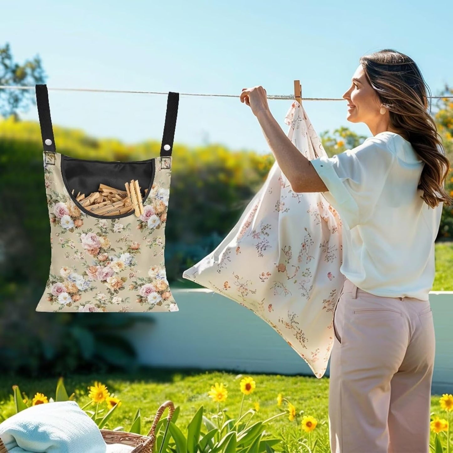 Clothespin Bag with Large Capacity for Mini Clothespins and Wooden Clothespins with Large Opening Storage Organizer Space-Saving Laundry Hanging Bag - Flower Pattern